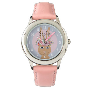 Montre Filles mignonne Floral Aquarelle Rabbit et nom Enf
