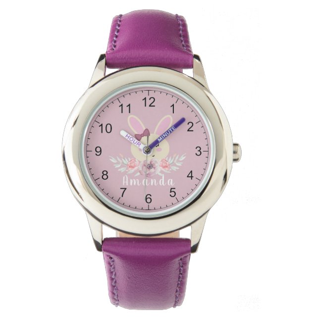 Montre Filles mignonne lapin mauve lapin Nom personnalisé (devant)