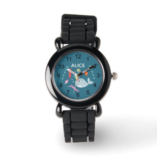Montre Filles mignonne moderne arc-en-ciel Narwhal et nom