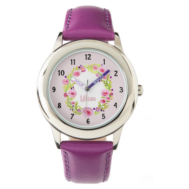 Montre Filles mignonne rose Aquarelle Fleurs et nom Enfan (devant)