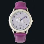 Montre Filles mignonne violet licorne magique et nom Enfa<br><div class="desc">Ce modèle de montre mignon et fantaisiste fait partie d'une collection de gribouillis mignon pour vêtements de fille, accessoires et décoration de pépinière. Ce design présente une licorne pastel dessinée à la main sur un arrière - plan violet et peut être personnalisée avec le nom de votre fille. Parfait pour...</div>
