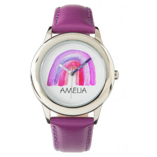 Montre Filles Mignonnes Boho Aquarelle Arc-en-ciel et Nom