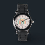 Montre Filles mignonnes et tendance Boho rose arc-en-ciel<br><div class="desc">Cette montre pour enfants mignonne et girly présente une illustration en arc-en-ciel boho tendance sur un arrière - plan rose. Ce design chic et élégant dispose également d'un endroit pour ajouter le nom de votre fille dans une police minimaliste simple. Avec des chiffres clairs et faciles à lire, cette "première"...</div>