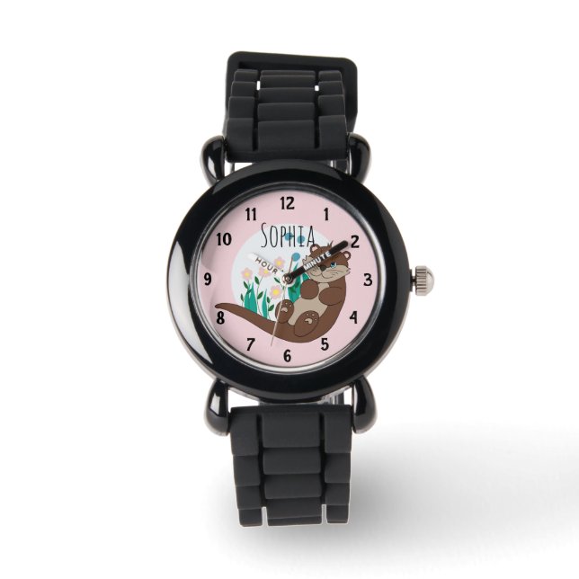 Montre Filles mignonnes Fleurs de loutre de rivière rose  (Recto)