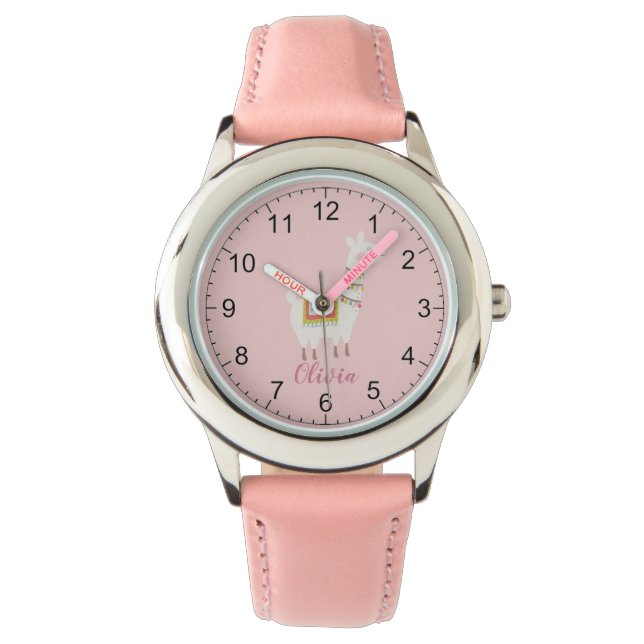 Montre Filles mignonnes Llama rose Nom personnalisé Enfan (devant)