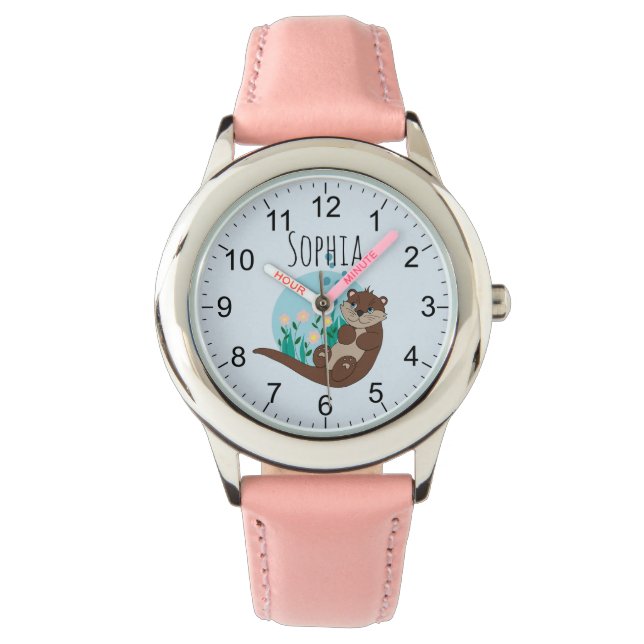 Montre Filles mignonnes Otter Fleurs de dessin et nom Enf (devant)