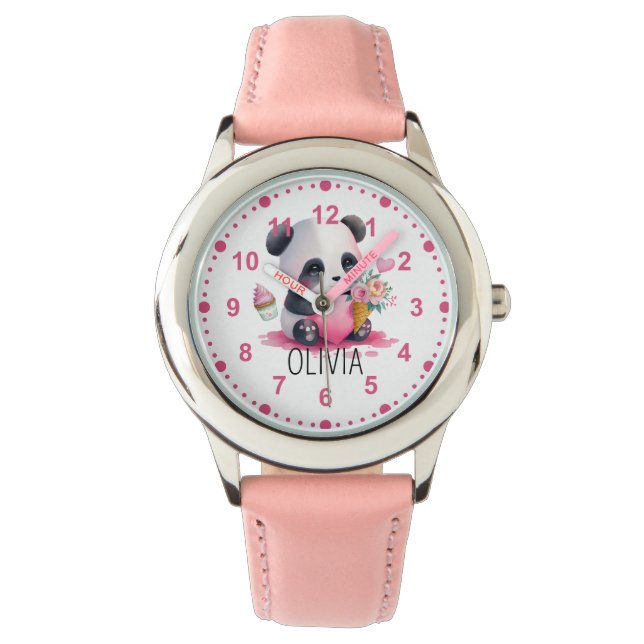 Montre Filles mignonnes Panda Ours Fleurs rose Nom person (devant)
