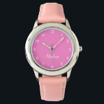 Montre Filles mignonnes rose moderne stylé Nom personnali<br><div class="desc">Personnalisé,  Enfants,  Nom,  jolie fille en cuir rose acier. Personnalisez-le avec le nom de votre enfant.</div>