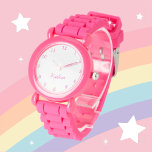 Montre Filles mignonnes rose moderne stylé Nom personnali<br><div class="desc">Personnalisé,  Enfants,  Nom,  jolie fille en cuir rose acier. Personnalisez-le avec le nom de votre enfant.</div>