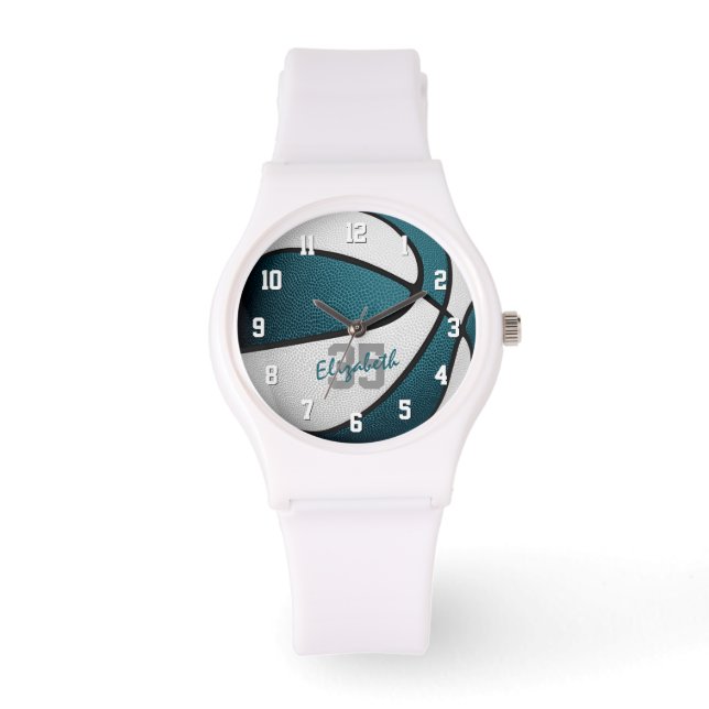 Montre filles nom jersey numéro turquoise blanc basketbal (Recto)