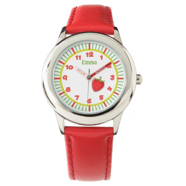 Montre Filles Nom personnalisé mignonne fraise rouge (devant)