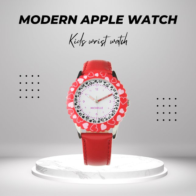 Montre Filles personnalisées Enfants Nom Chien Paw Coeurs (Créateur téléchargé)