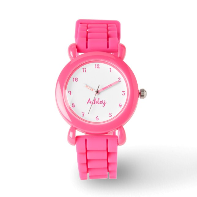 Montre Filles personnalisées Nom Enfants à bretelles rose (Recto)