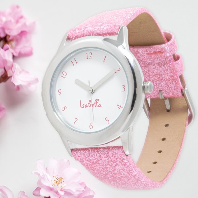 Montre Filles personnalisées Nom Pink Parties scintillant (Custom Girls Name Pink Glitter Strap Kids Watch)