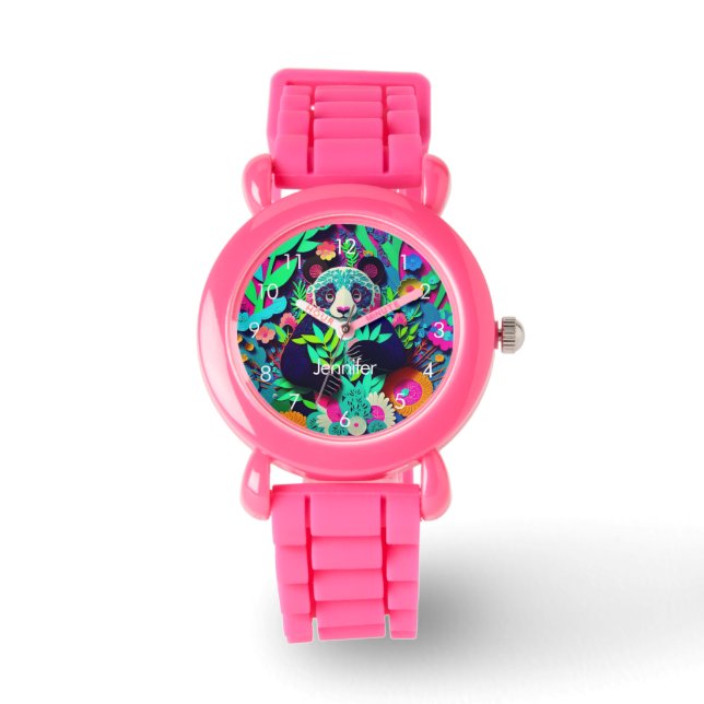 Montre Filles personnalisées Rainbow Panda Nom (Recto)