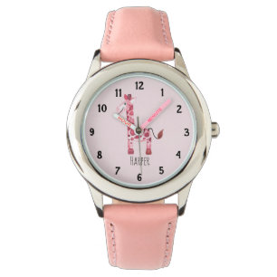 Montre Filles Rose Aquarelle Safari Giraffe et nom Enfant