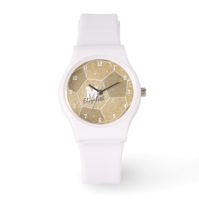 Montre filles sport cadeaux monogrammaticaux or soccer (Recto)