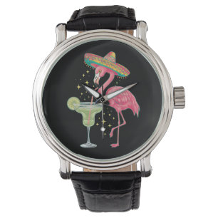 Montre Flamant qui boit une Margarita Drôle de Poncho Mex