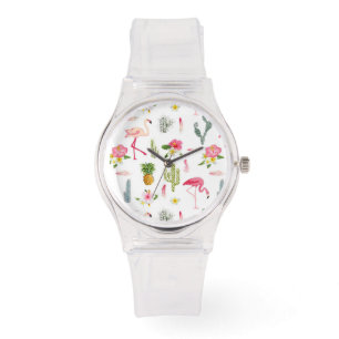 Montre Flamant rose Cactus Ananas Hibiscus Motif