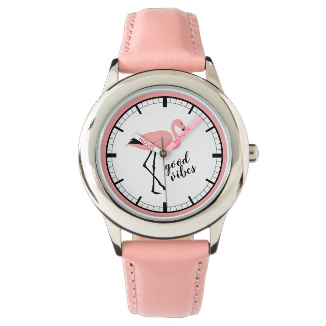 Montre Flamant rose Good Vibes Rose Black Cute Watch (devant)
