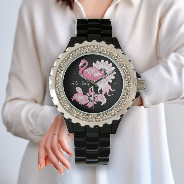 Montre Flamant rose moderne personnalisé noir rose pastel (Créateur téléchargé)