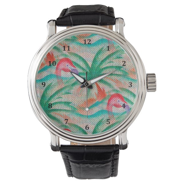 Montre Flamant rose Palm Tree Burlap Look (devant)