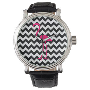 Montre Flamant rose rose vif Zigzag noir et blanc