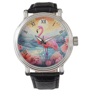 Montre Flamant rose tropical avec fleurs-76280