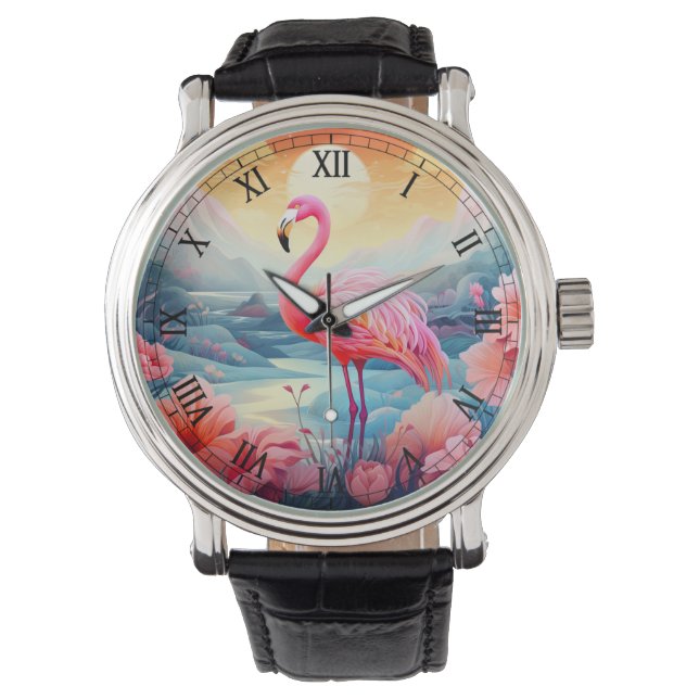 Montre Flamant Tropical avec Fleurs (devant)
