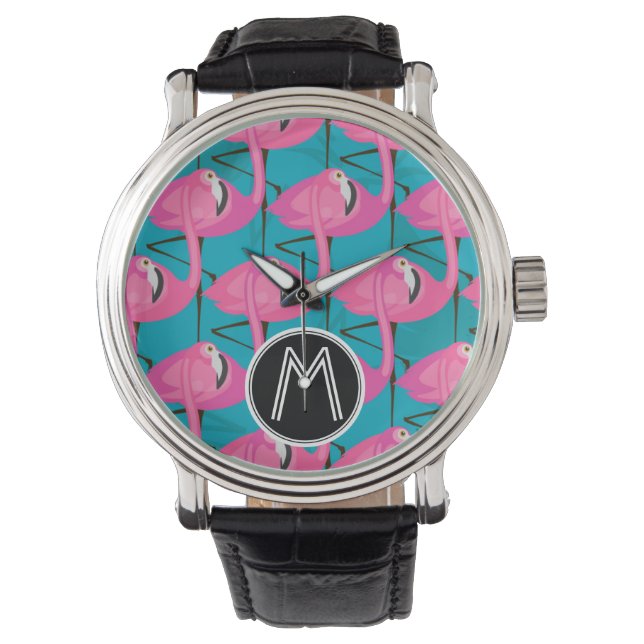 Montre Flamants roses de néon deux | Ajouter votre initia (devant)