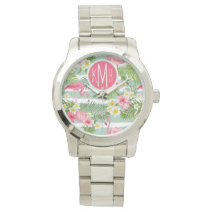 Montre Flamants roses Et Rayures   Monogramme