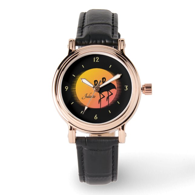Montre Flamants roses Sunset personnel avec nom (Recto)