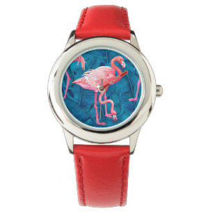 Montre Flamants roses sur feuilles de bananes bleues