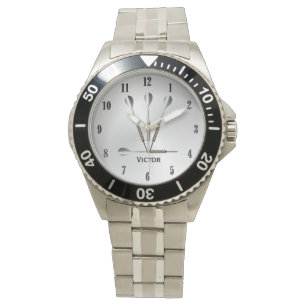 Montre Fléchettes Argent Nom Personnalisé Chiffres Noirs