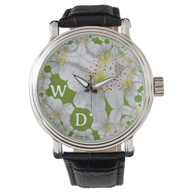 Montre Fleur blanche élégante personnalisée Art vert oliv (devant)
