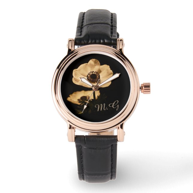 Montre Fleur d'anémone élégante monogramme noir (Recto)
