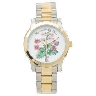 Montre Fleur d'aquarelle personnalisée (texte) rose et vi
