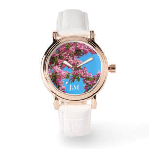 Montre Fleur d'arbre rose et initiales de ciel bleu