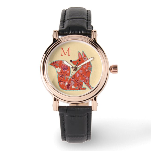 Montre Fleur d'art folklorique Motif Fox Monogramme (Recto)