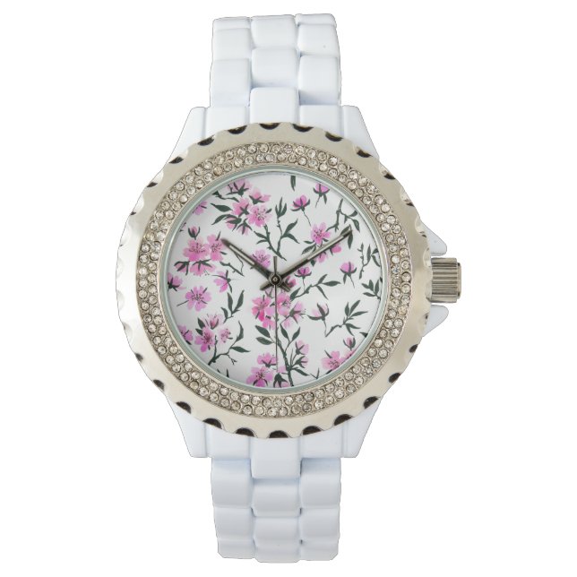 Montre Fleur de cerisier blanc sur blanc (devant)