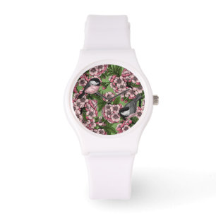 Montre Fleur de cerisiers et poulets verts