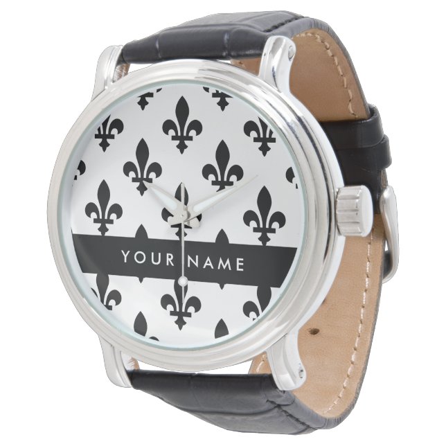 Montre Fleur de Lis, Noir sur Blanc, Noir, Votre Nom (Incliné)