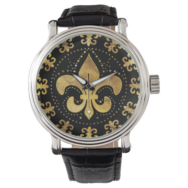 Montre Fleur de lis - ornement circulaire - Or et noir (devant)