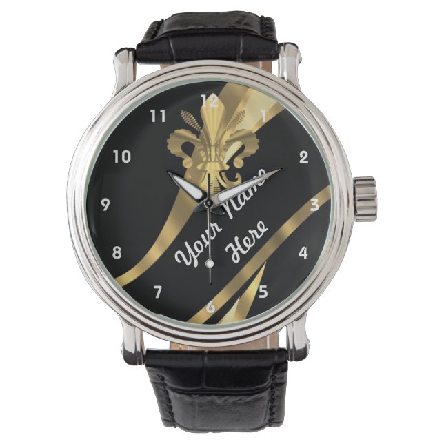 Montre Fleur de lys noir et or personnalisée (devant)