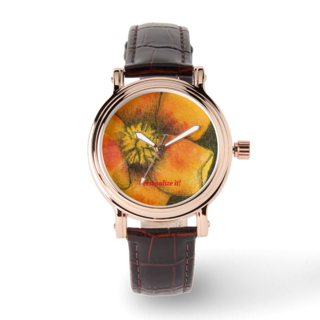 Montre Fleur de rose sauvage jaune unique d'une aquarelle (Recto)