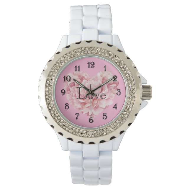 Montre Fleur en forme de cœur rose tendre (devant)