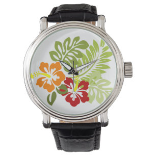 Montre Fleur Feuilles tropicaux Hibiscus Hawaii Rouge Ora