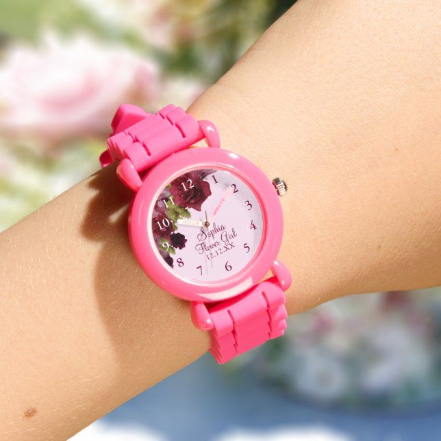 Montre Fleur Fille Bourgogne Floral Mariage Favour Watch (Pretty watch for your Flower Girl or Junior Bridesmaid. Just add their name and your wedding date)