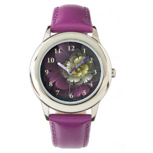 Montre Fleur fractale grise abstraite moderne pourpre kak