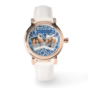 Montre Fleur Nordique Personnalisée Bleue Folklorique Per